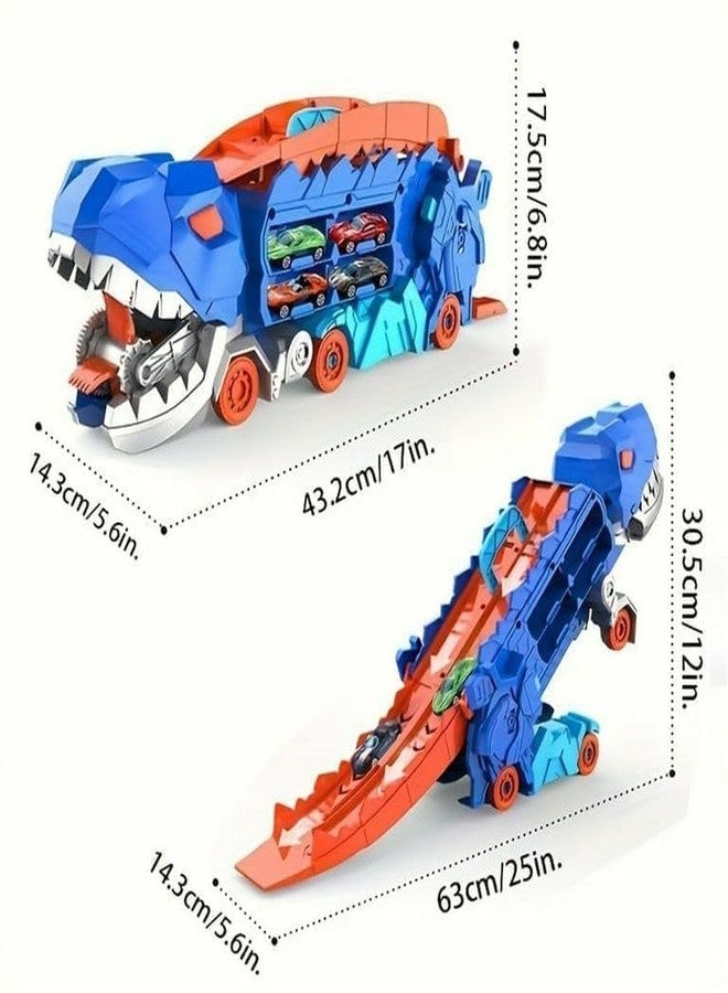 Brighterbee Dinosaur Track Truck Toys for Boys 3 4 5 6 7 8 Year Old - 2 Layer Transformed Dinosaur Transport Car Carrier Truck with 2 Diecast Race Cars, Multi Color - Image 2